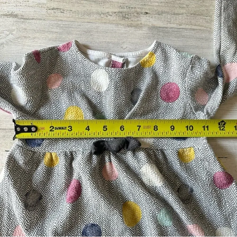 🍁 Zara Girls 6-9M Herringbone Polka Dot Lightweight Long Sleeve Dress Grey White
